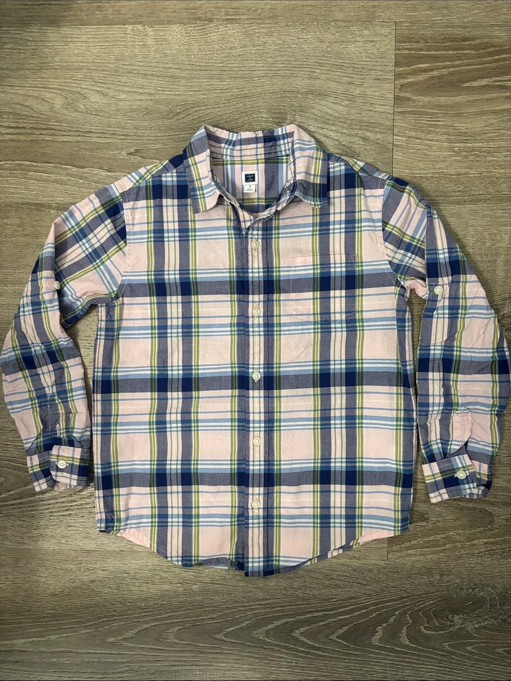 Janie and Jack Boy Sz 7 Long-Sleeve Pink & Blue Plaid Button Collar Shirt Cotton